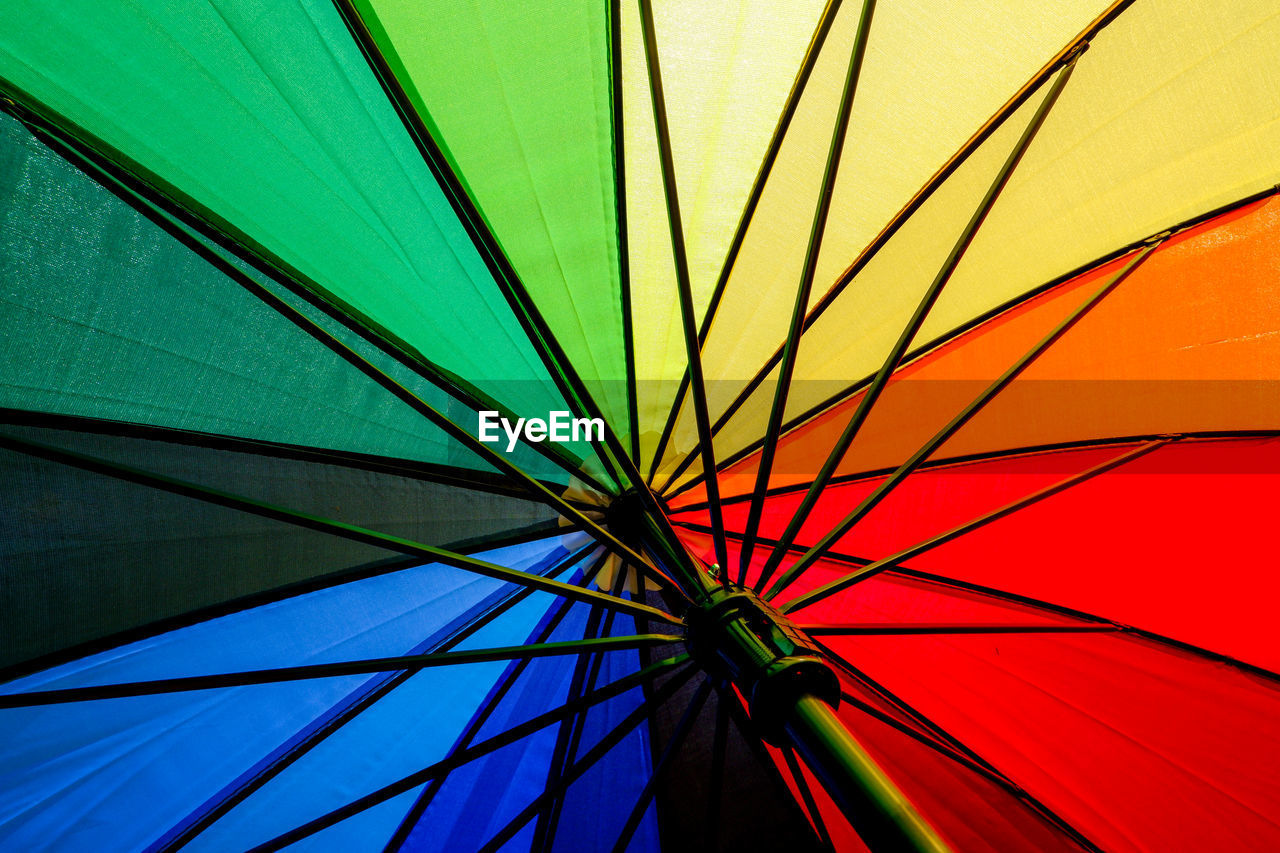LOW ANGLE VIEW OF MULTI COLORED UMBRELLA ON METAL
