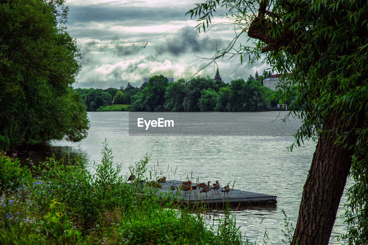 Scenic view of lake against cloudy sky