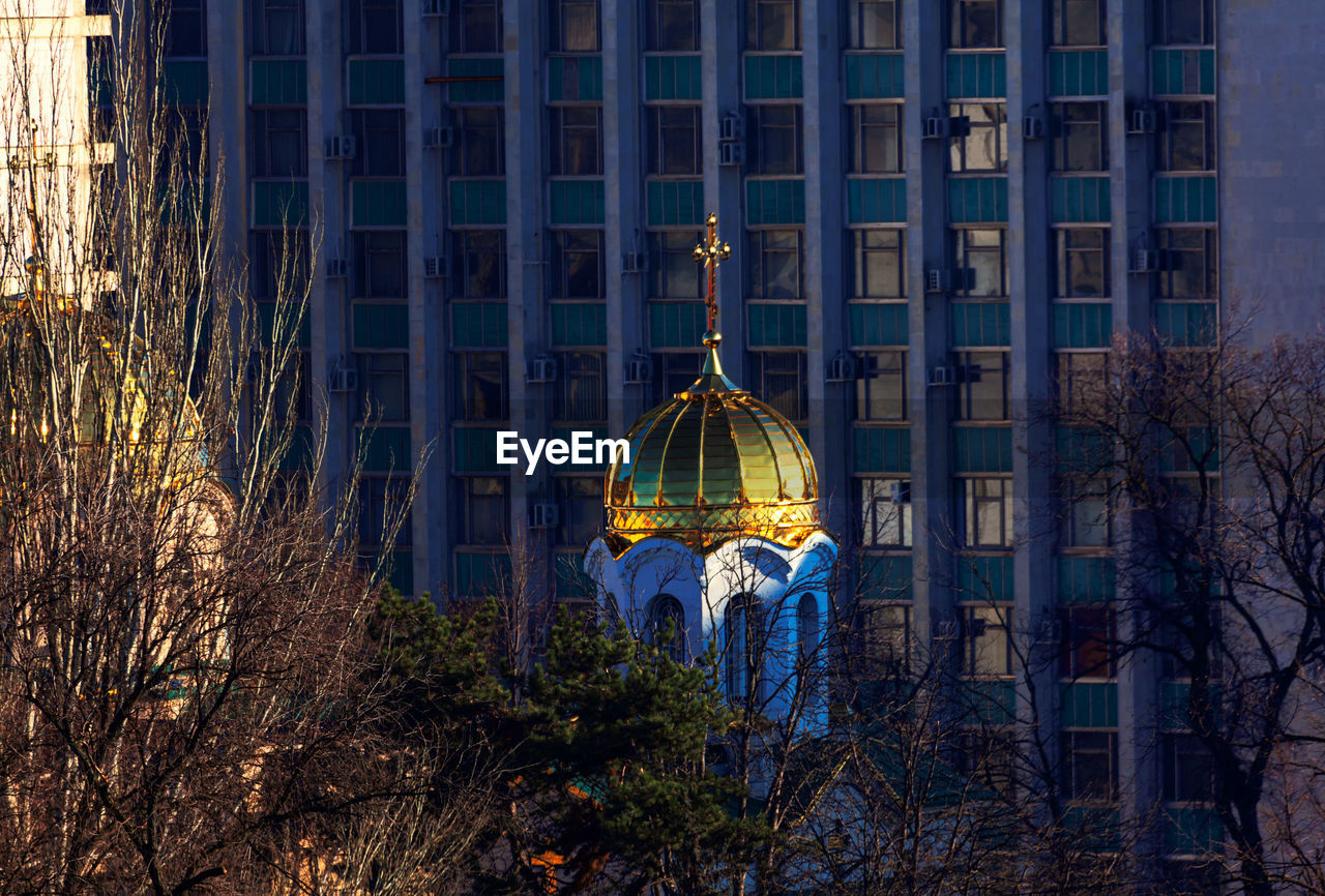Church dome with windows on background . orthodox church in the city