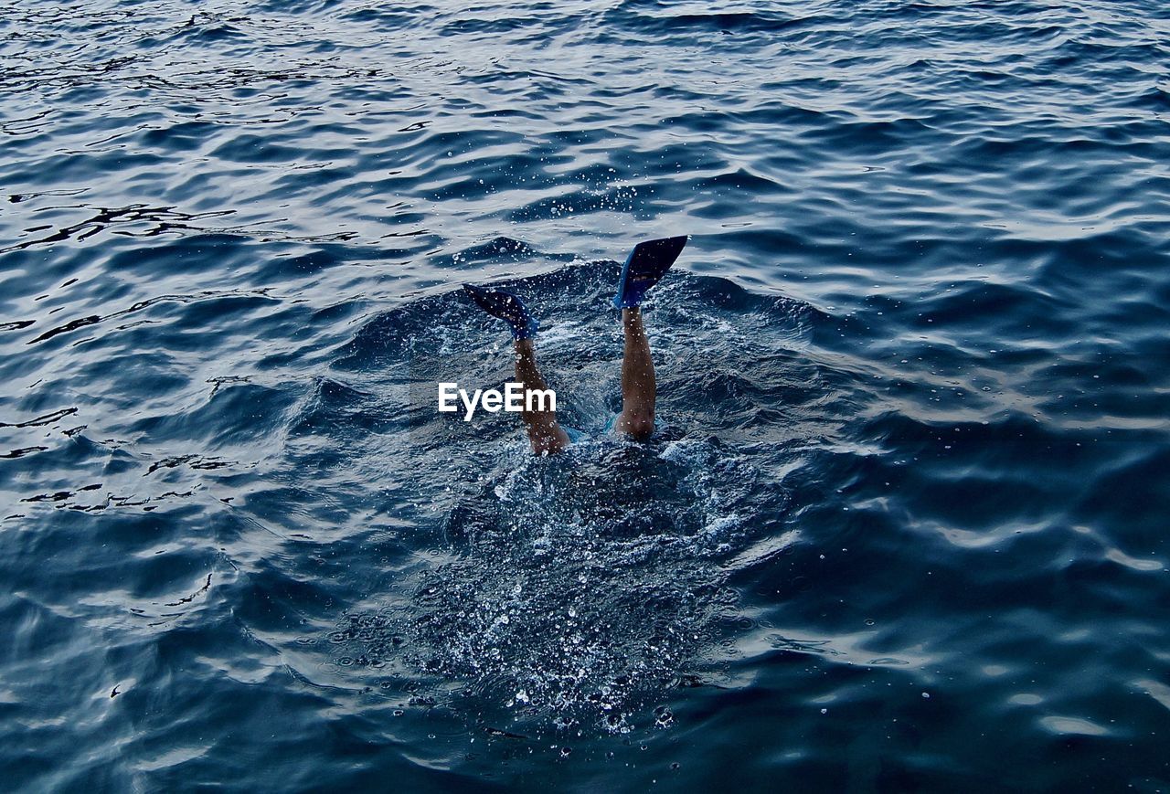 Low section of man snorkeling in sea