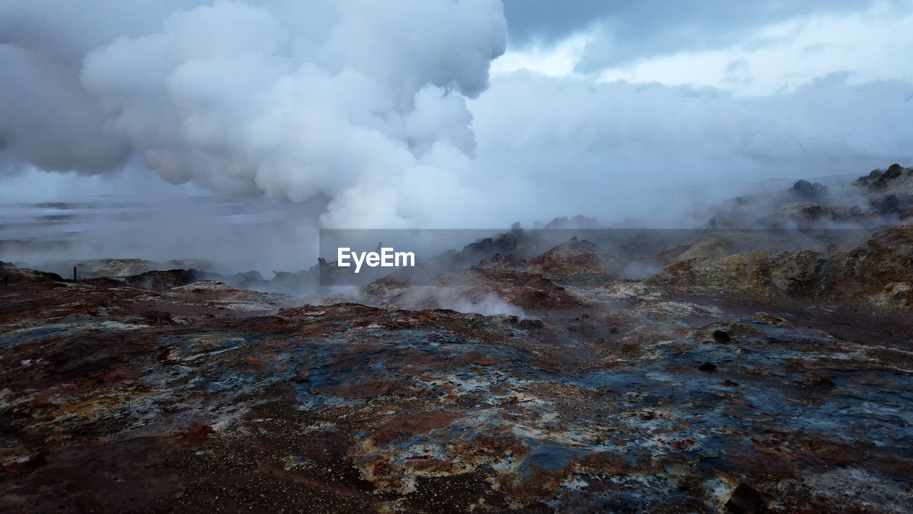 Winter landscape view of the geothermal region hverir near myvatn lake in iceland. 