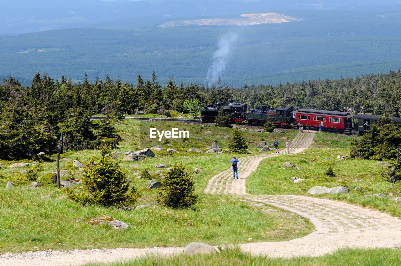 High angle view of steam train moving at harz national park