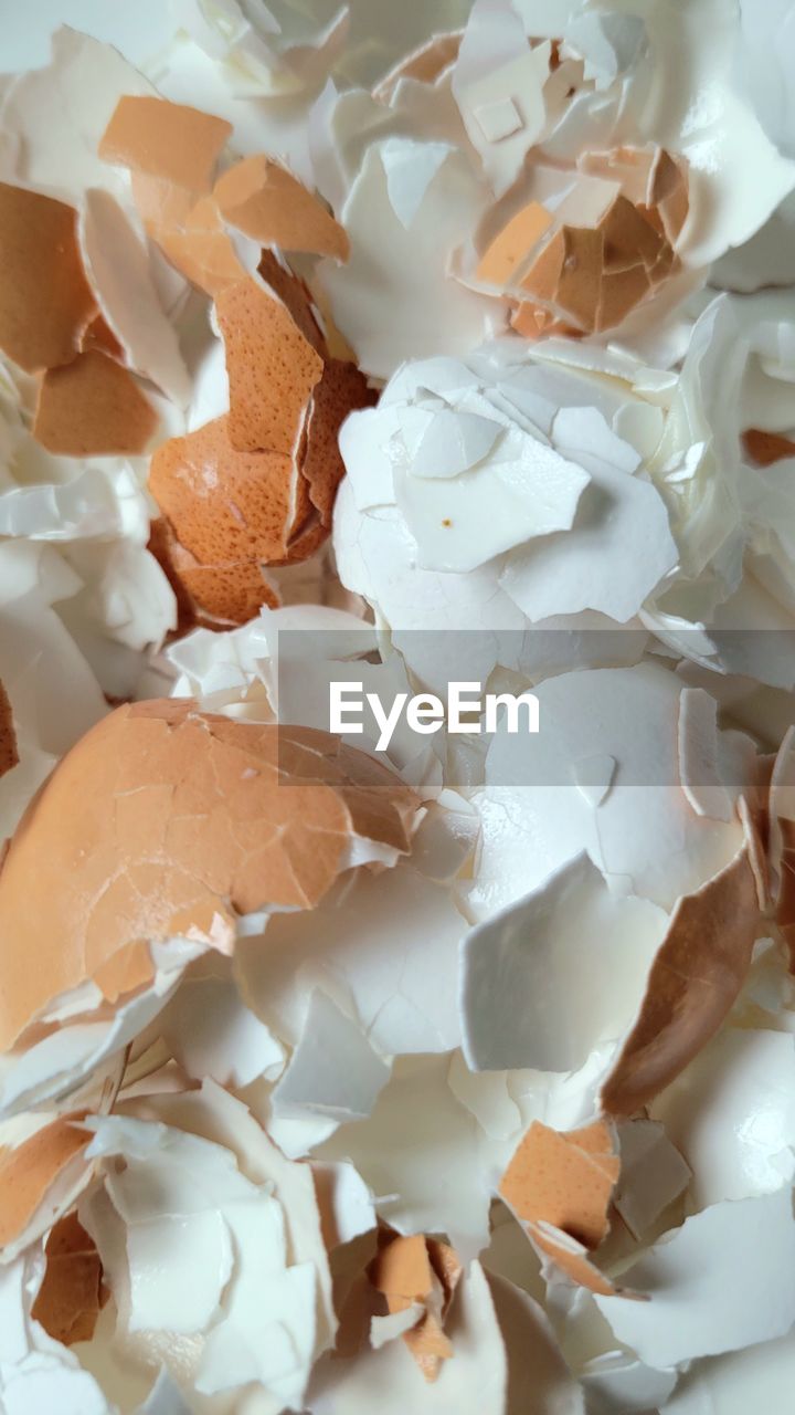 Full frame shot of crushed egg shells