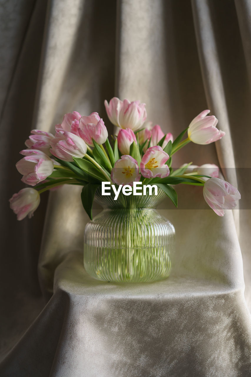 Pink tulips in a vase still life.