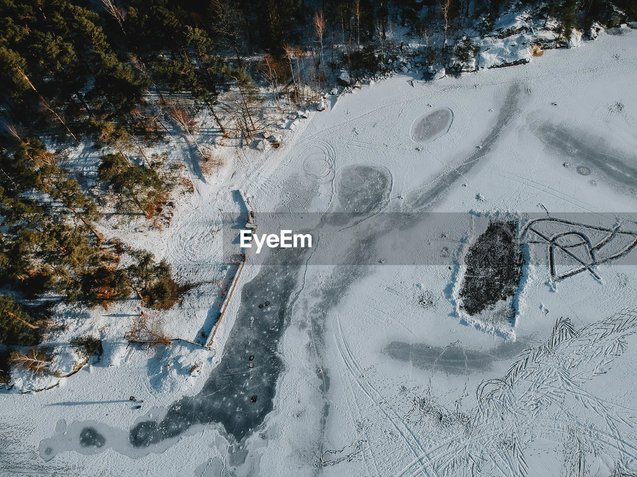 High angle view of snow covered land