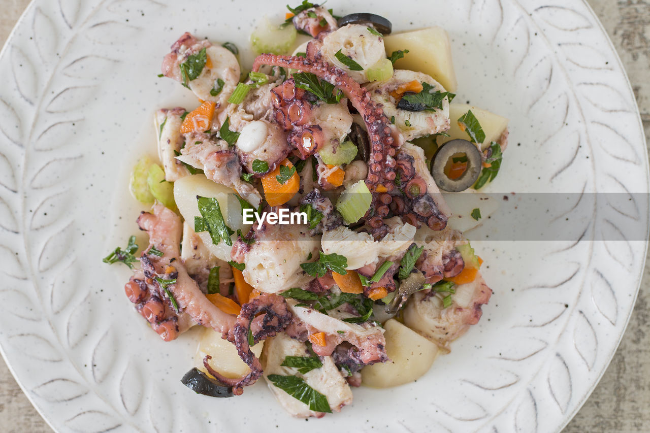 Dish of octopus salad from above.