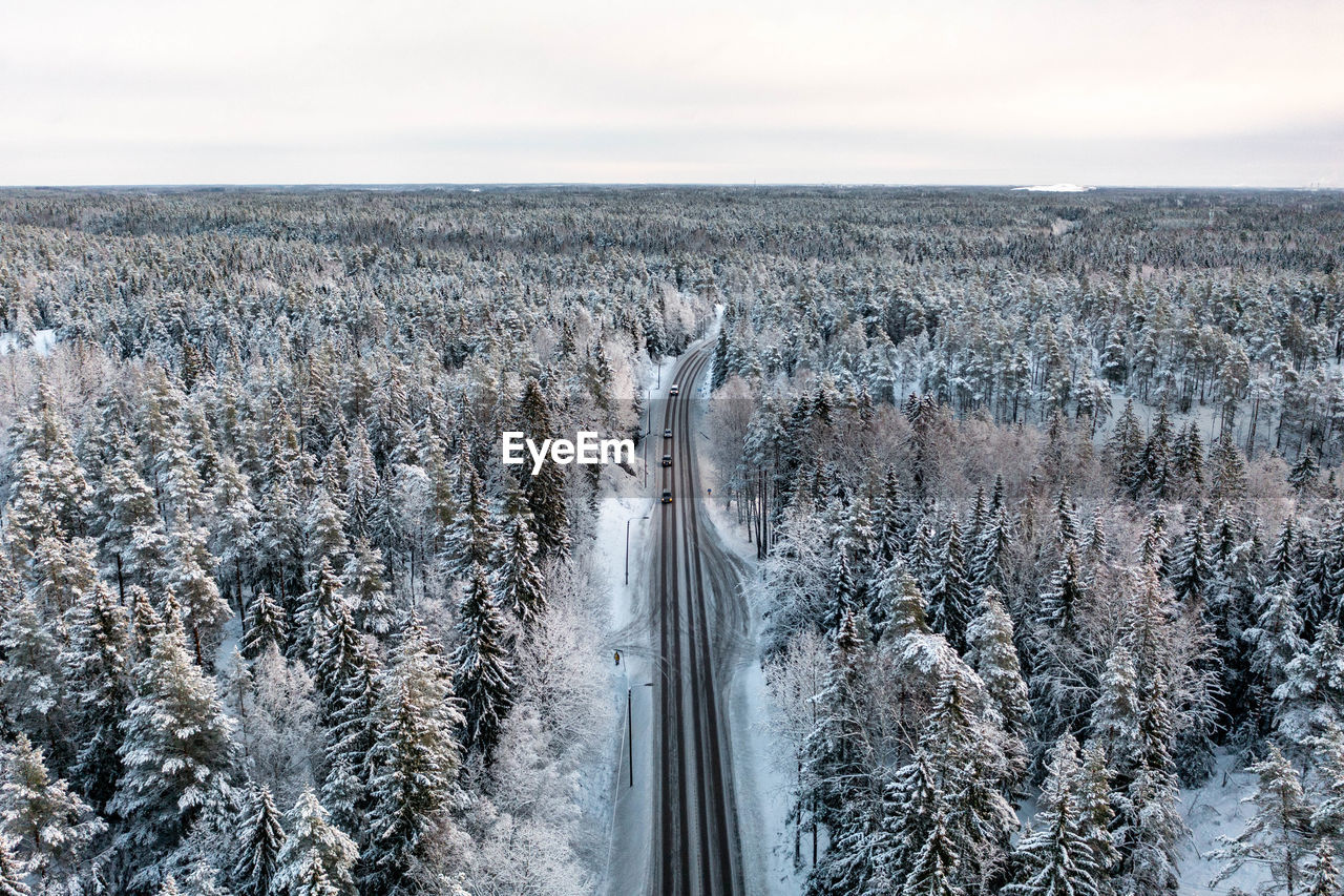 Frozen forest and cars on a road during winter from drone perspective, luukki espoo, vihti, finland