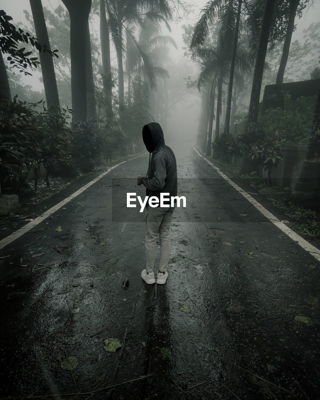 Rear view of man standing on road during rainy season