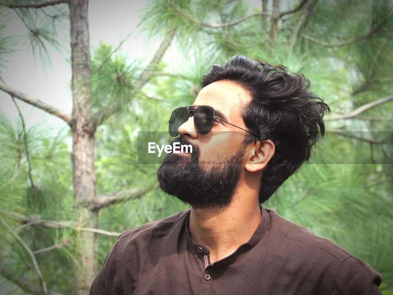 Close-up of young man wearing sunglasses while standing in forest