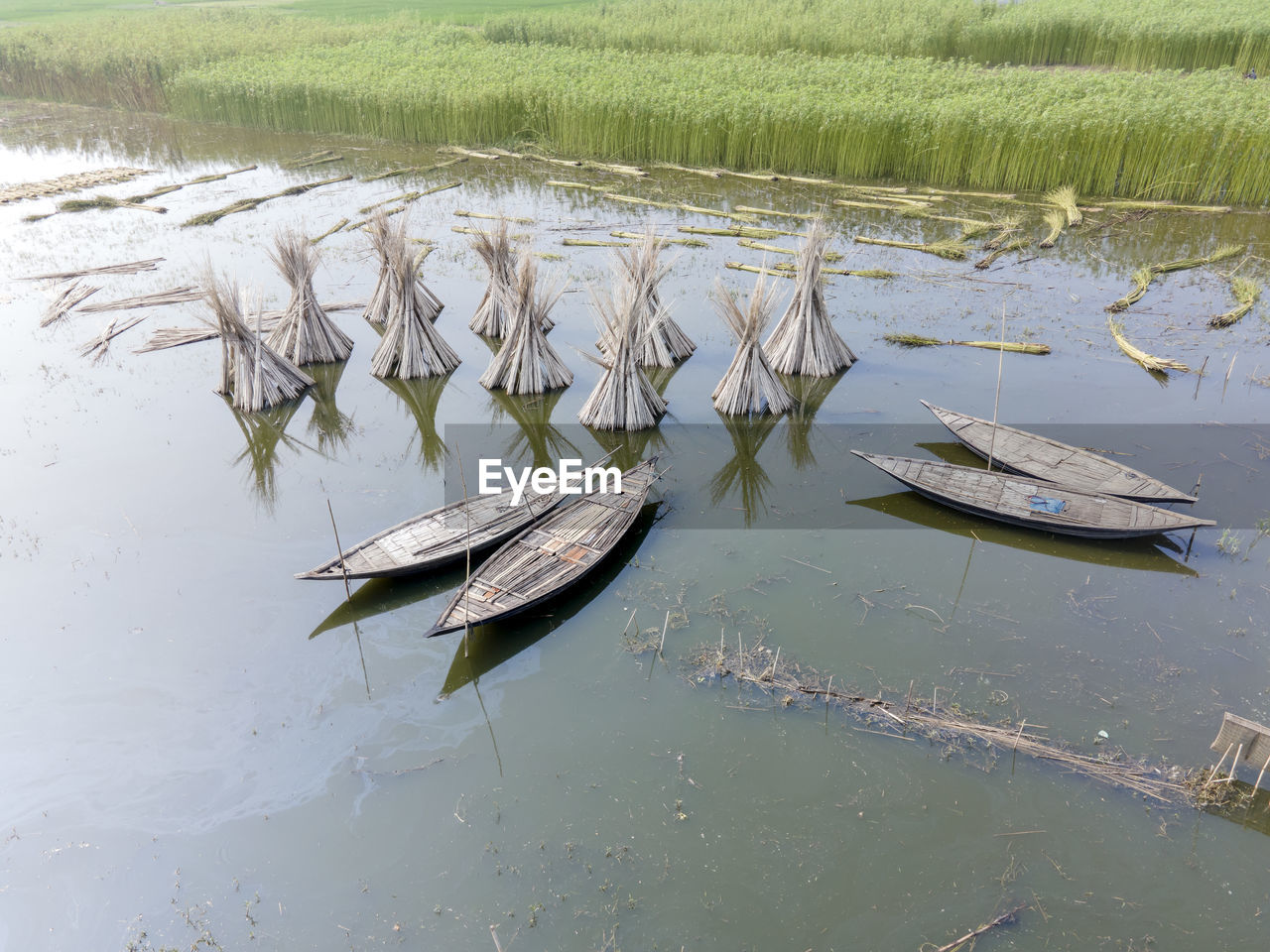 Aerial view of eco friendly jute processing field in natore, bangladesh