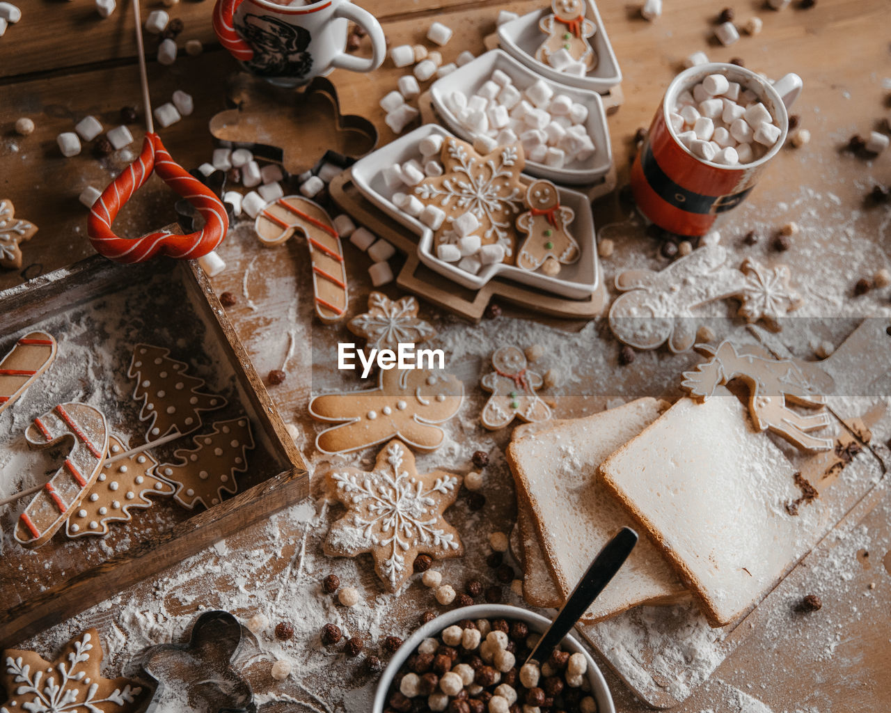 High angle view of christmas decorations on table