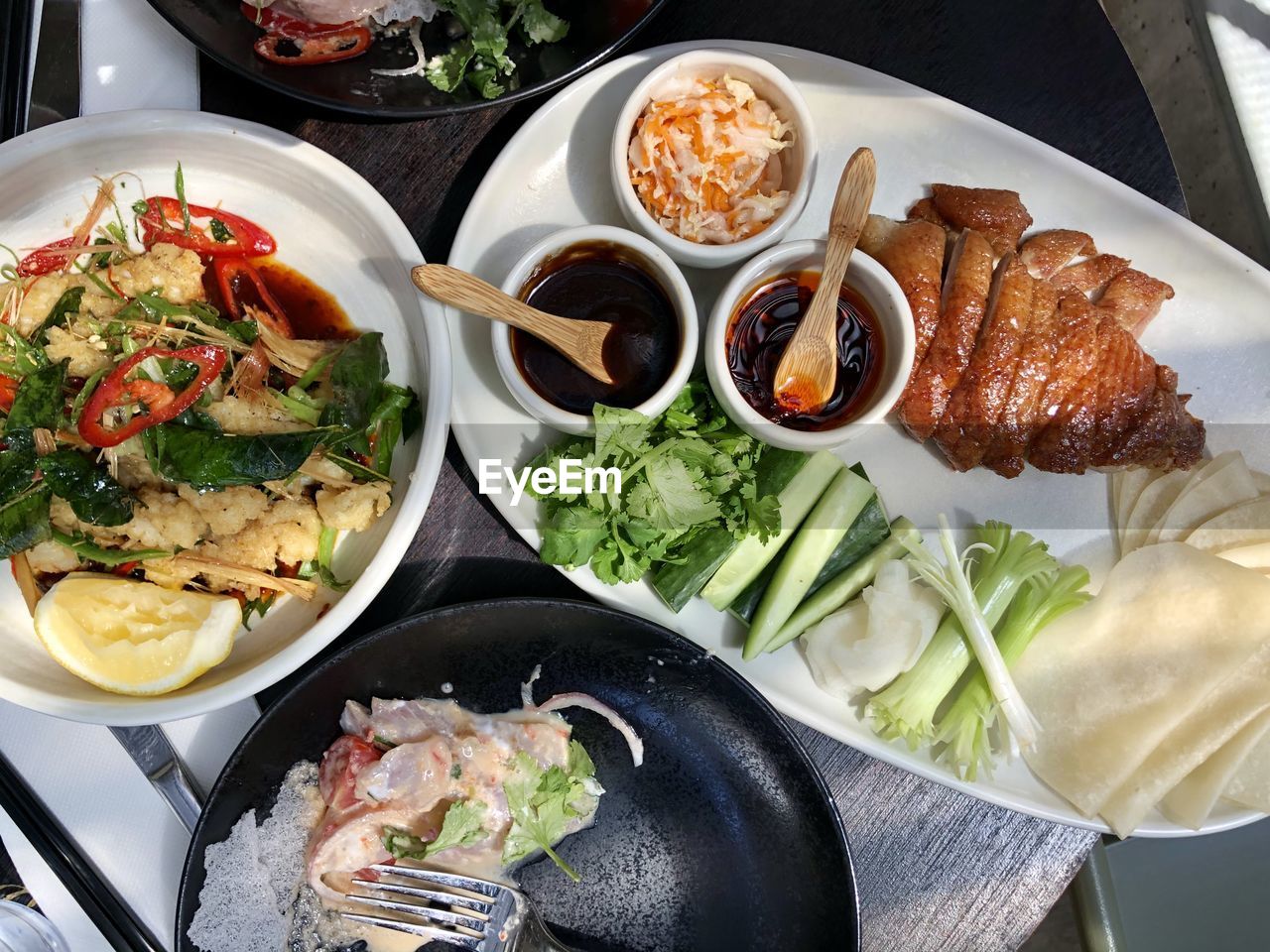 High angle view of meal served on table