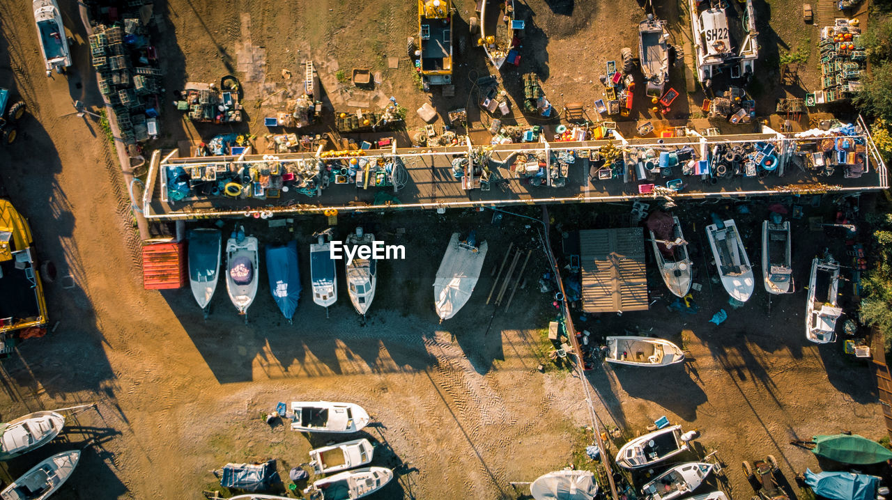 High angle view of boats on parking lot