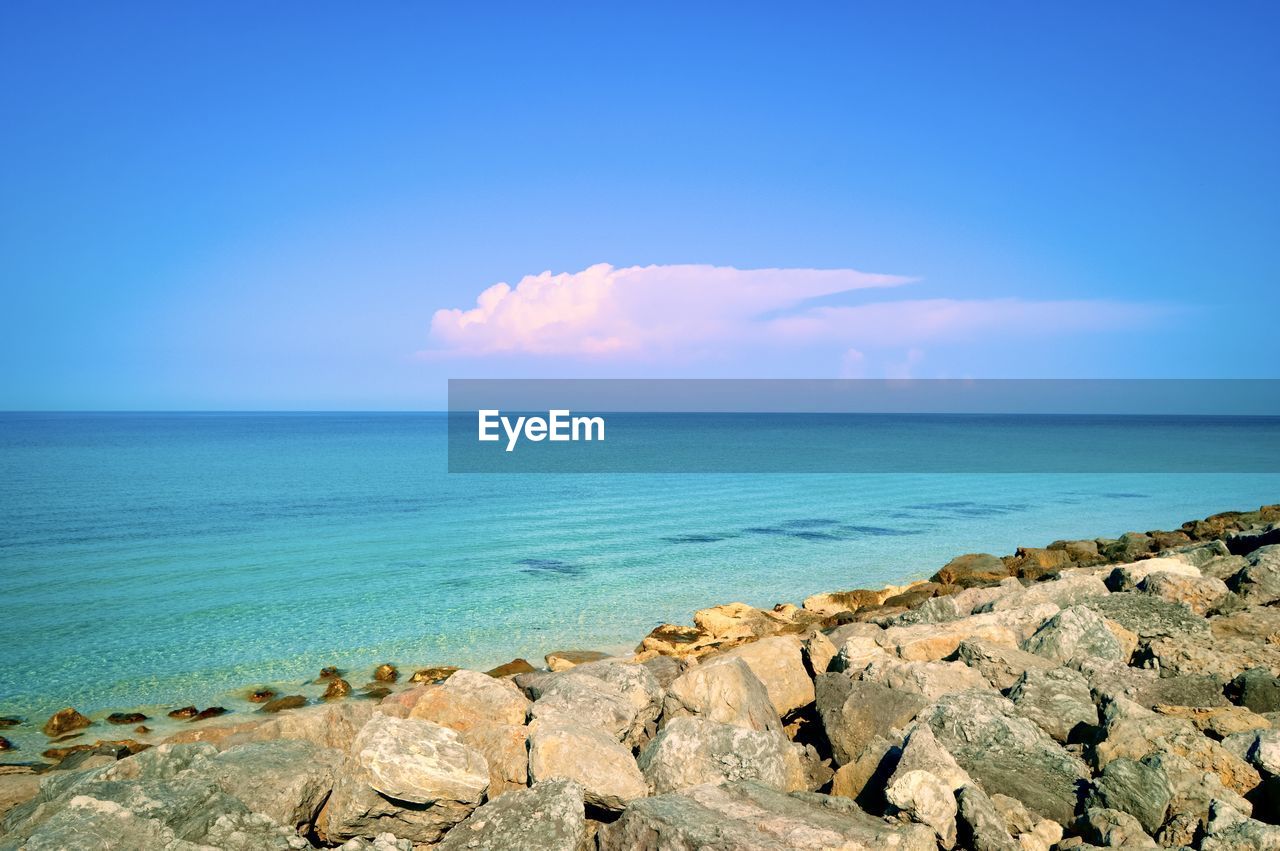 SCENIC VIEW OF ROCKY BEACH AGAINST SKY