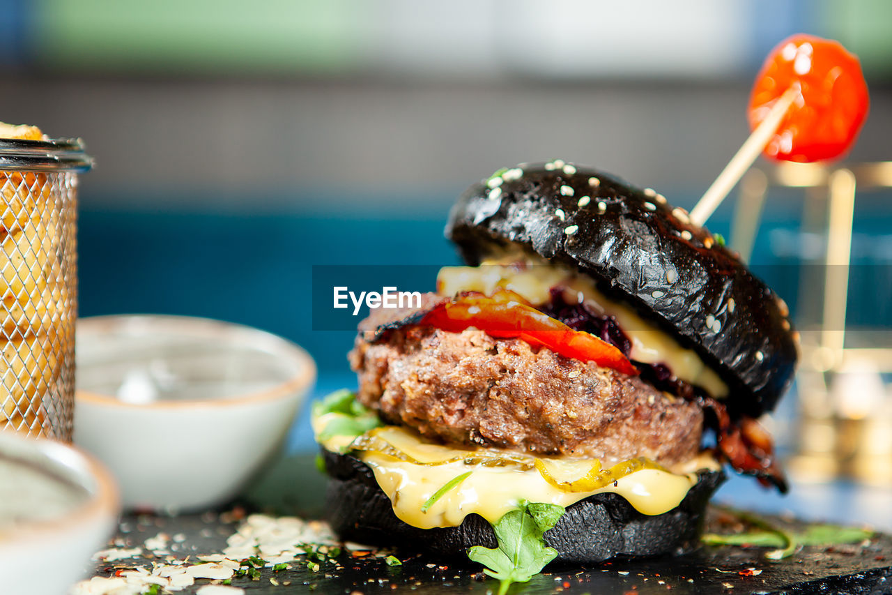 close-up of burger on table