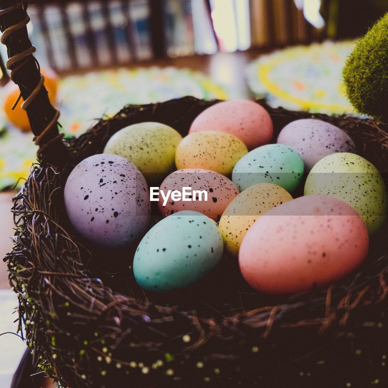 Close-up of colorful easter eggs in net