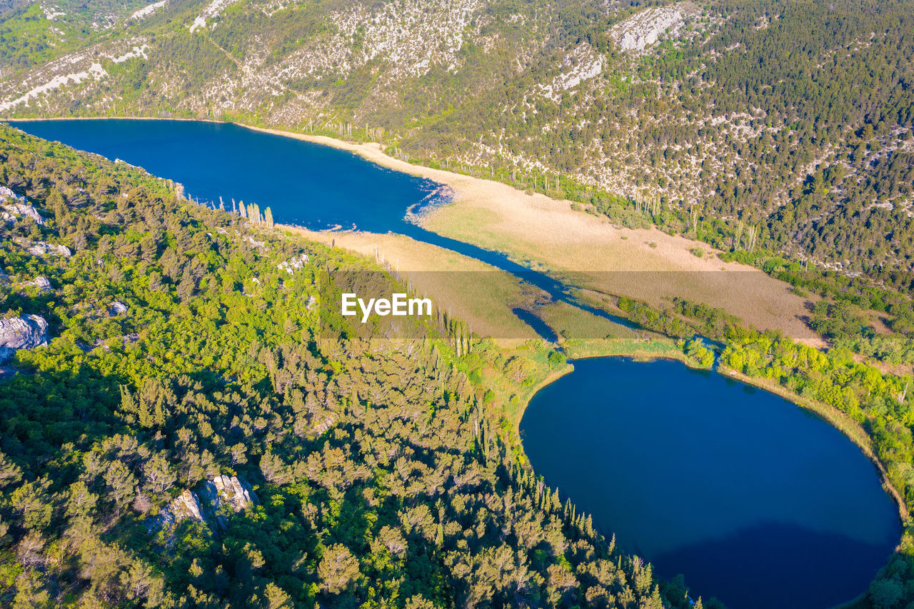 Aerial view of torak lake spring in the cikola river canyon, croatia