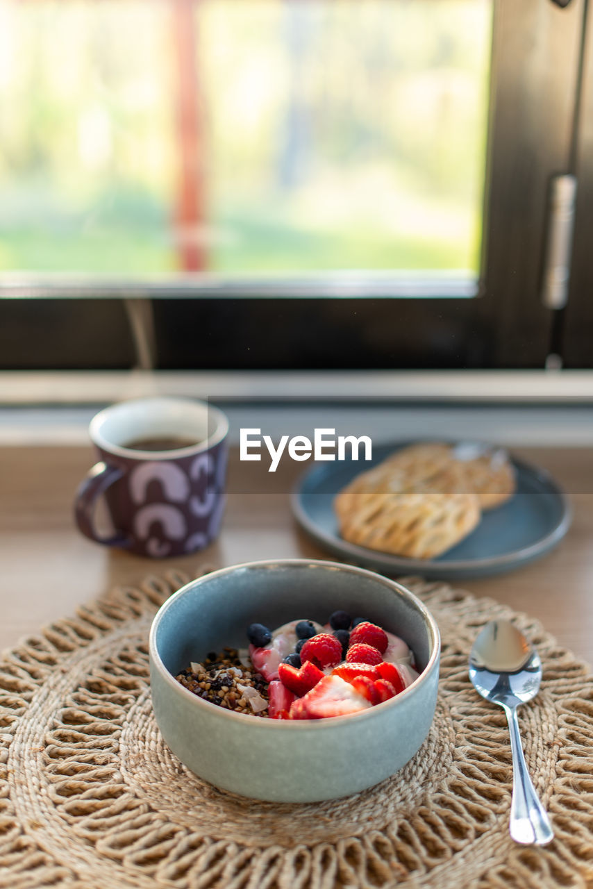 Healthy breakfast for holiday morning. in the cabin, in the nature.