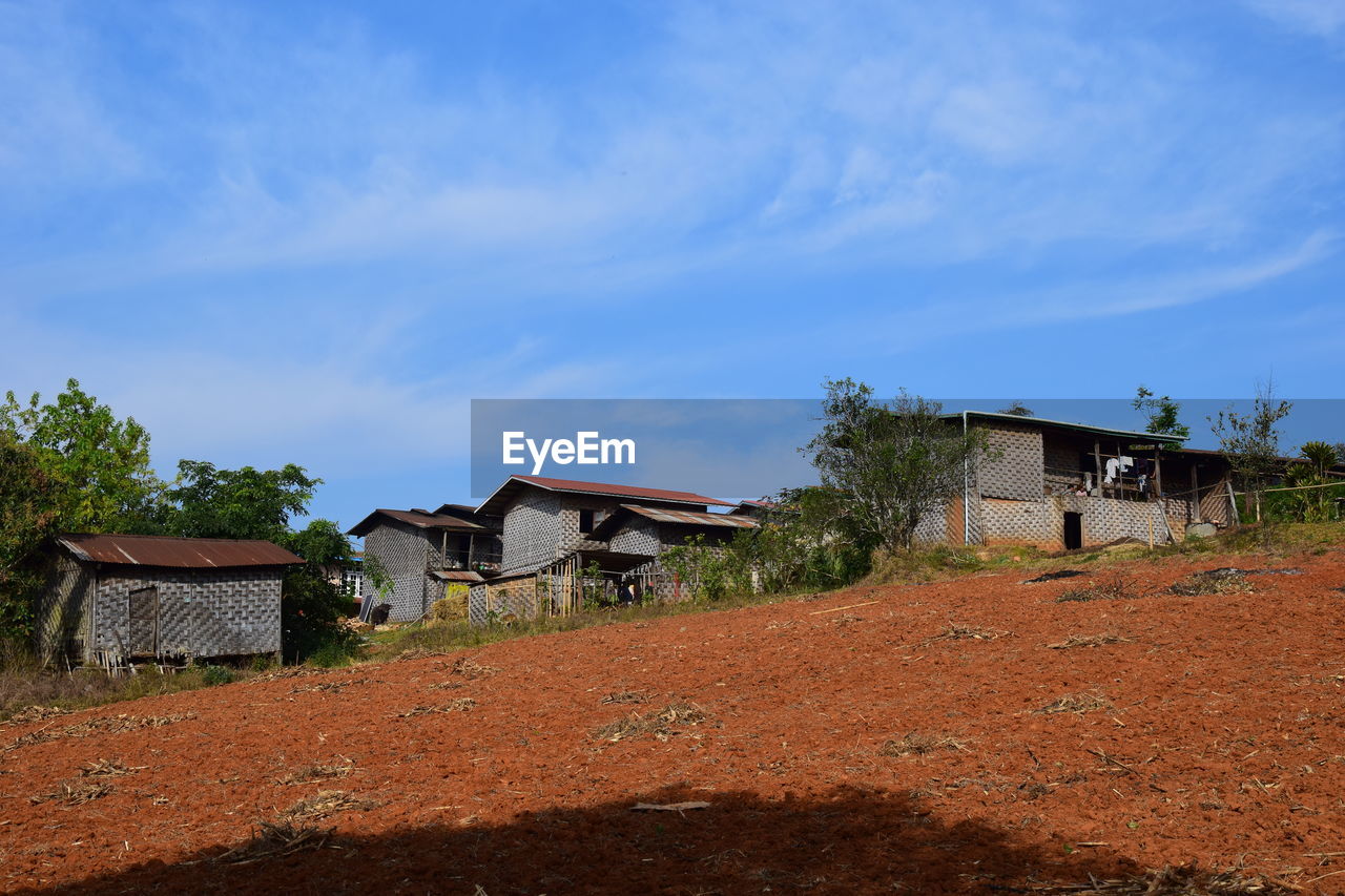 Houses on field against sky