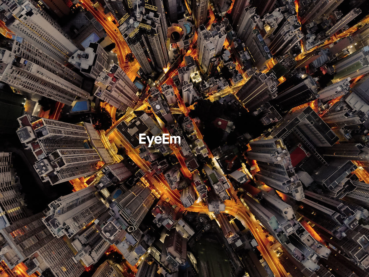 High angle view of illuminated cityscape