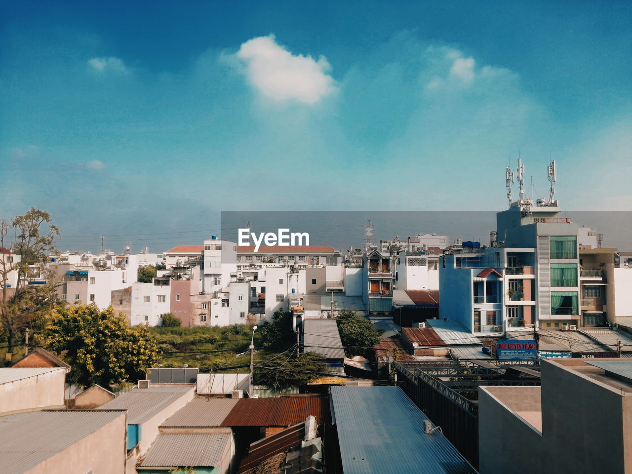 High angle view of buildings against sky