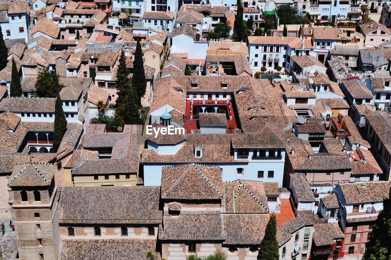 High angle view of houses in city