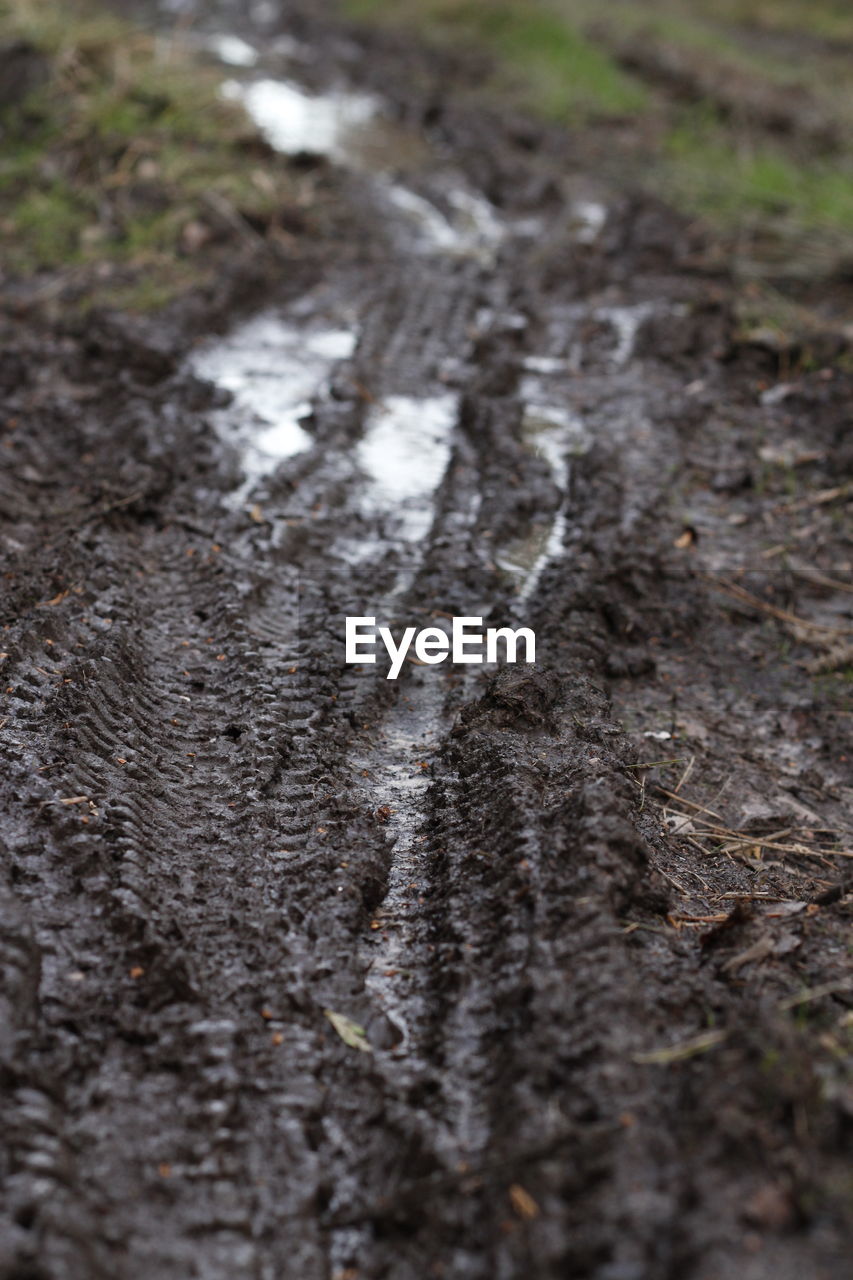 CLOSE-UP OF WET MUD IN SUNLIGHT