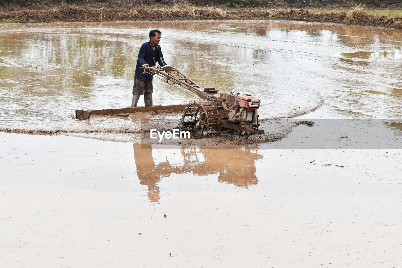 Farmer plowing in rice field prepare plant rice under sunlight