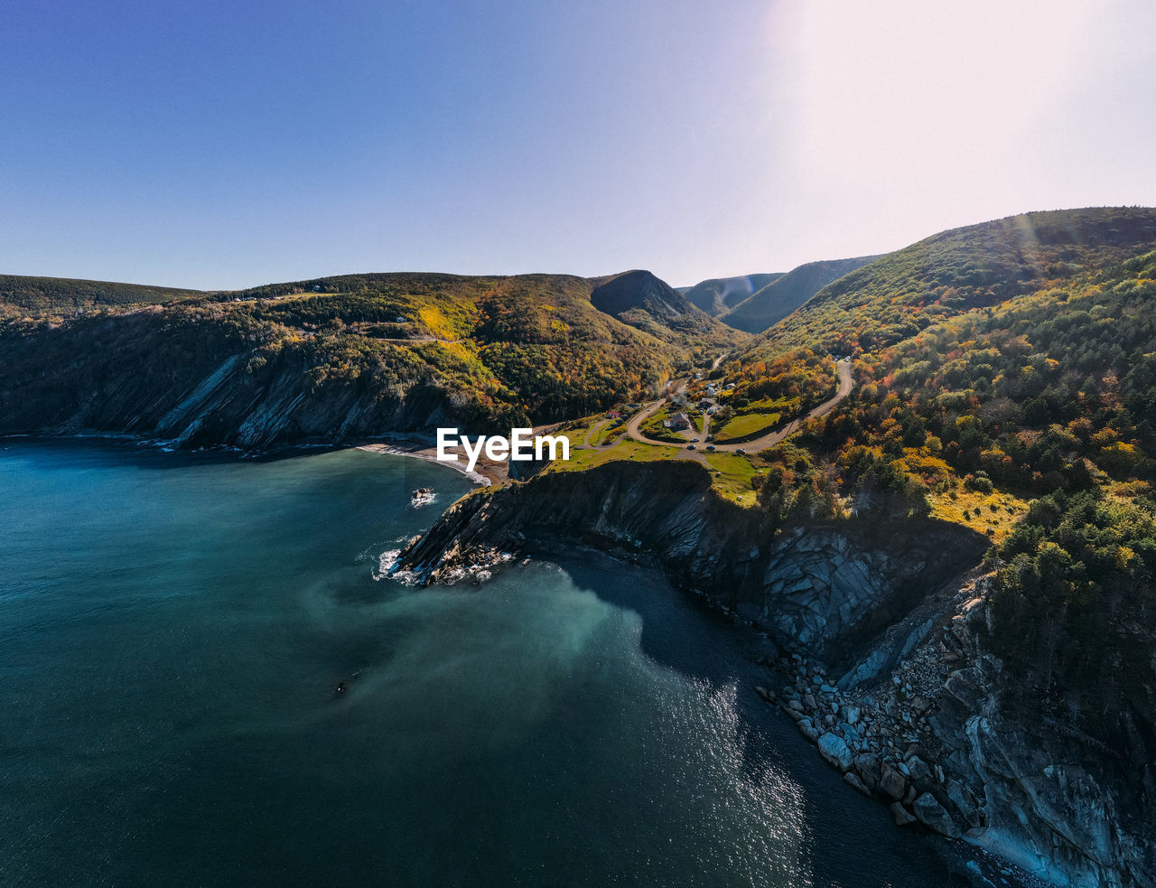 Scenic view of mountains against clear sky, in meat cove, cape breton island, nova scotia, canada