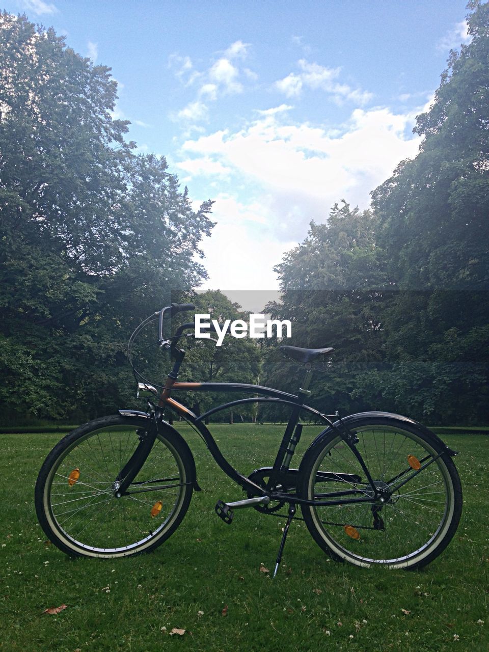 Bicycle parked on grassy field
