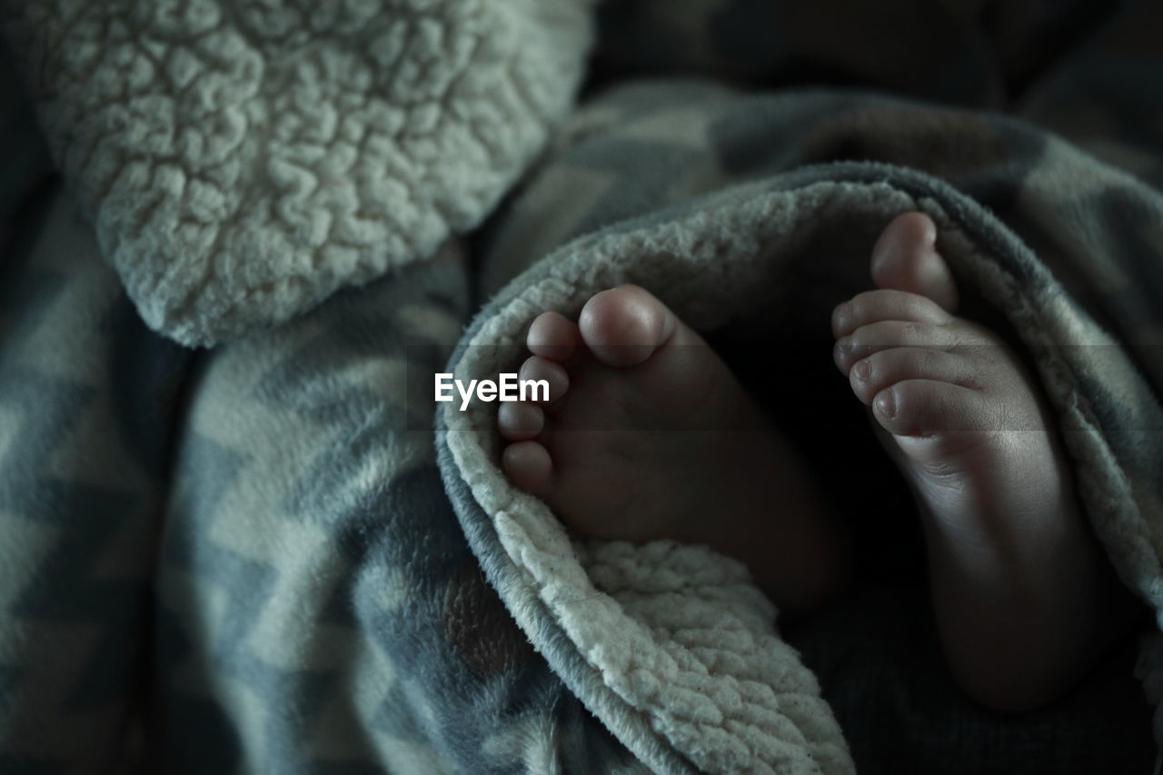 Close-up of child lying on bed at home