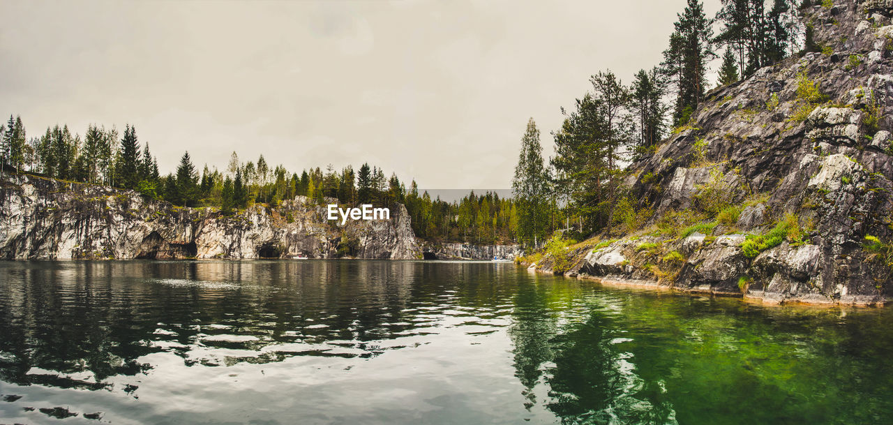 Scenic view of lake by trees against sky