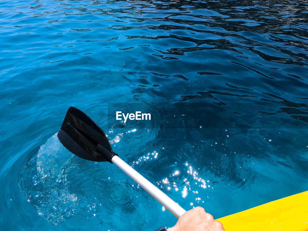 Close-up of person kayaking in sea