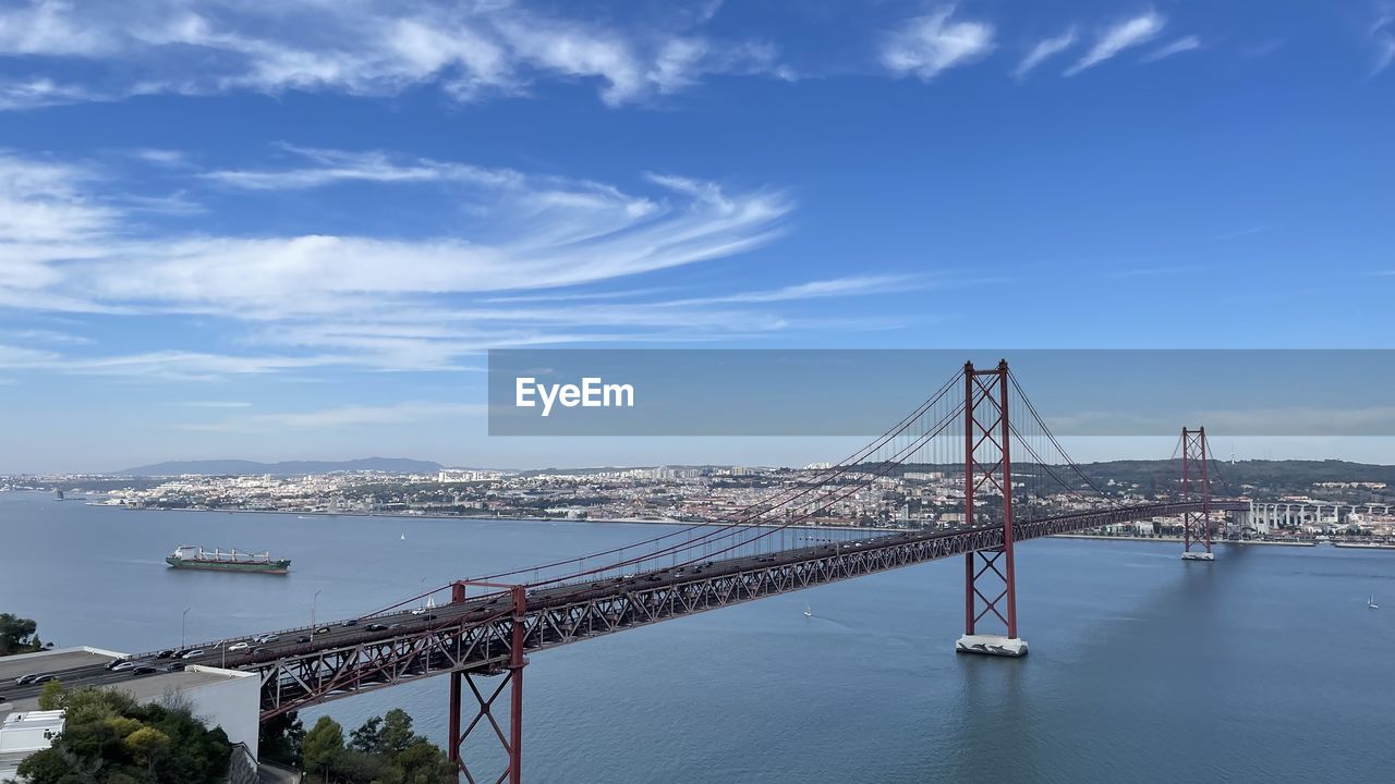 SUSPENSION BRIDGE OVER RIVER IN CITY