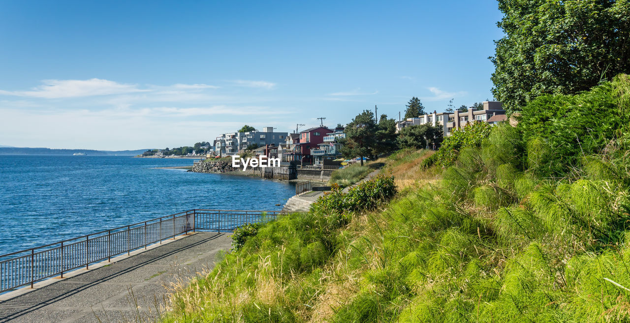 Scenic view of river by buildings against sky