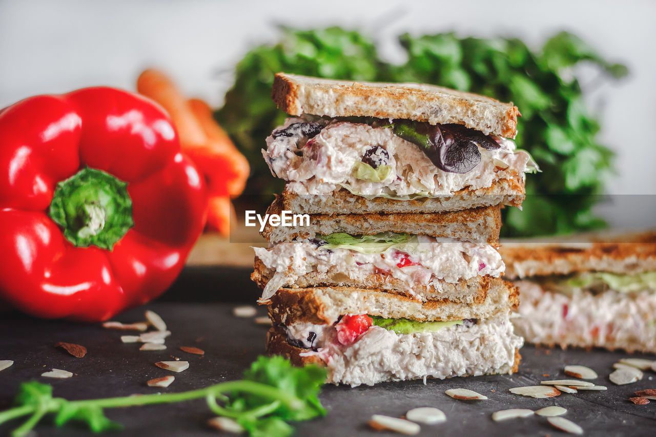 Stacked chicken salad sandwich