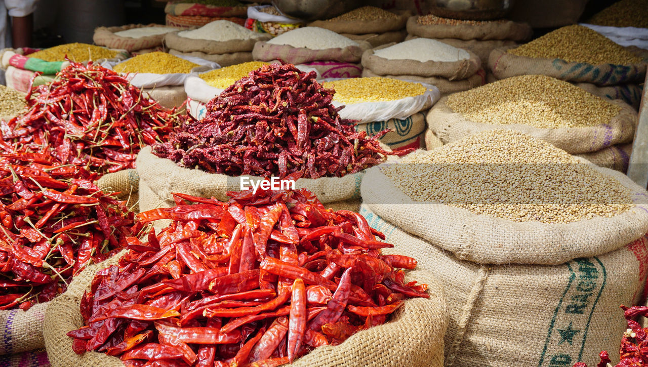 Sacks of food and spices at an indian spice market, old delhi