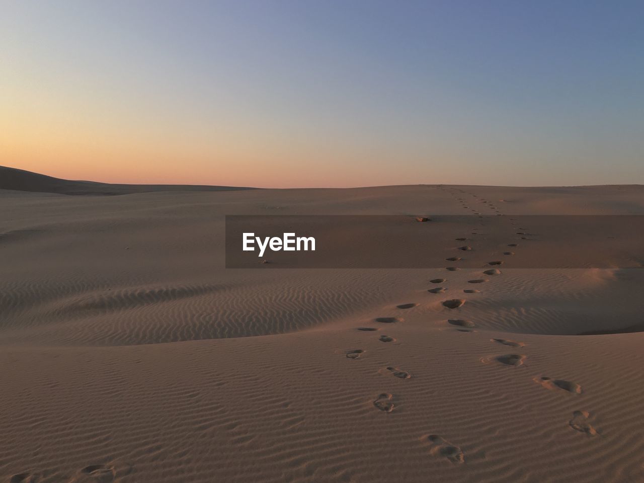 Footprints on sand dunes against clear sky during sunset at port stephens