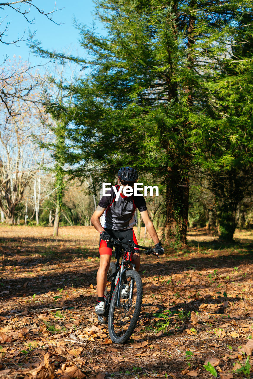 Man riding bicycle in forest