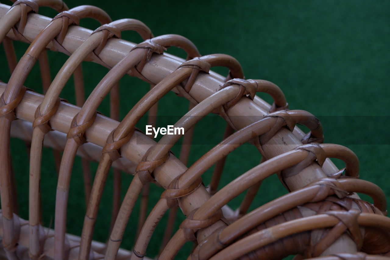 no people, iron, furniture, green, seat, wood, chair, close-up, wicker, day