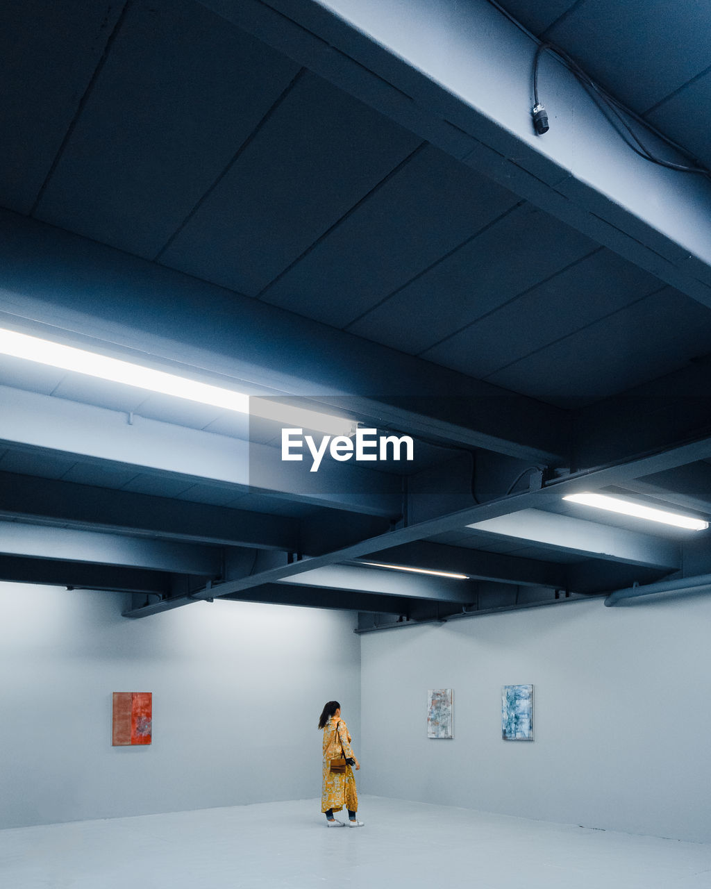 REAR VIEW OF WOMAN STANDING ON ILLUMINATED CEILING OF BUILDING