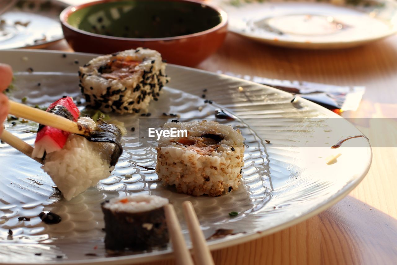 Close-up of sushi in plate on table