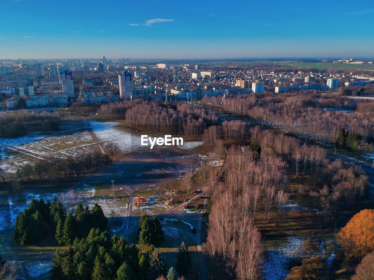 High angle view of river amidst buildings in city