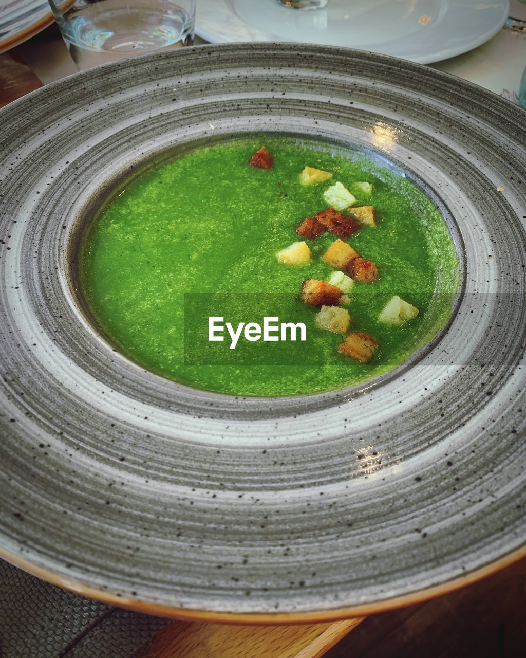 High angle view of soup in bowl