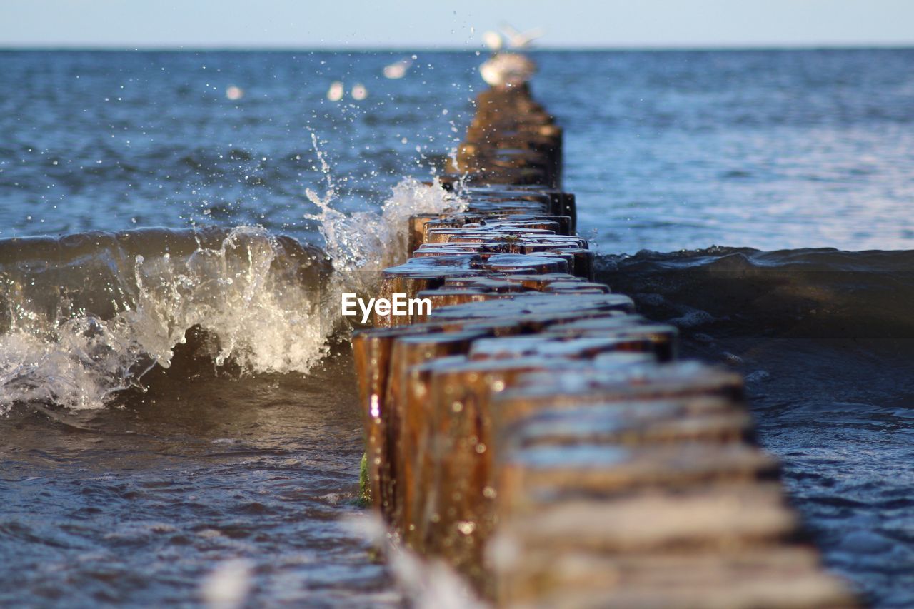 Surface level of wooden posts in sea against sky