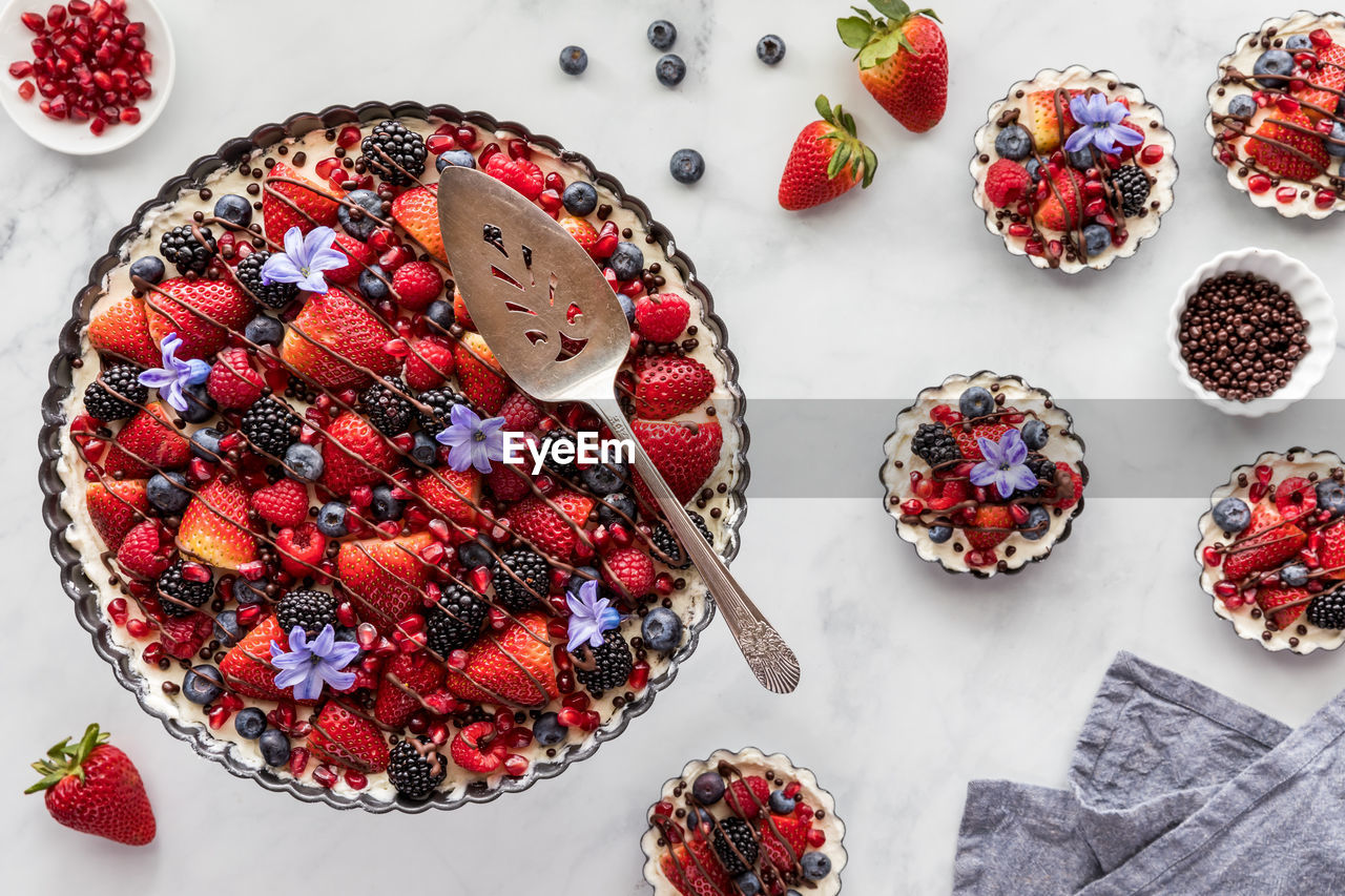 Top down view of a mixed berry cheesecake tart and tartlets to the side.