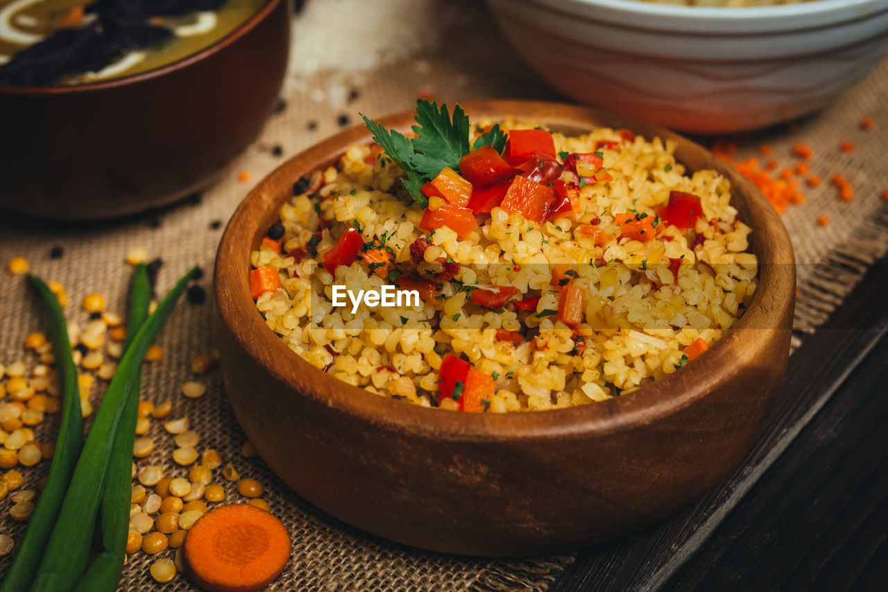 High angle view of couscous or tabbouleh in a bowl