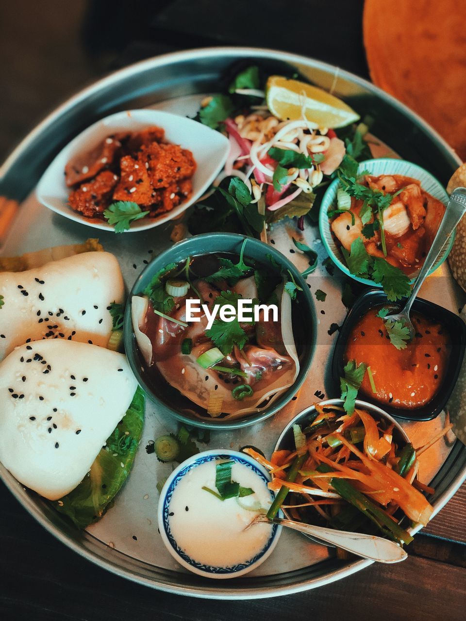 High angle view of food served on table