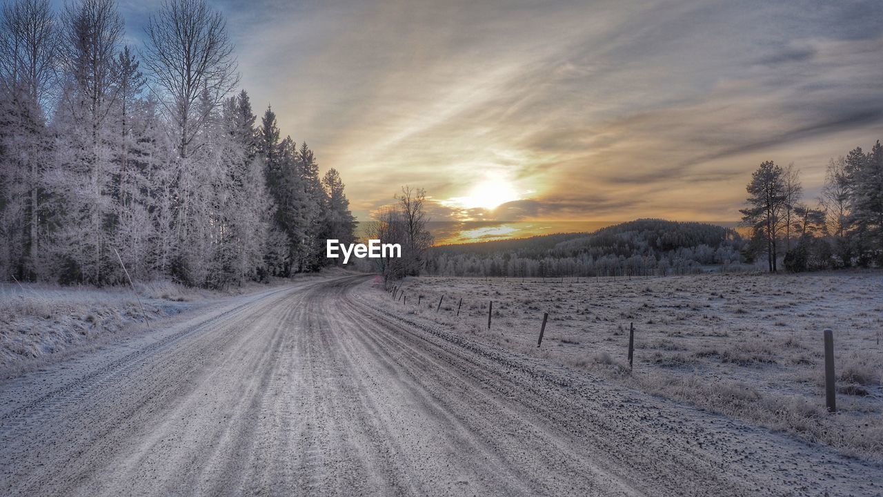 Snow covered street by trees against cloudy sky during sunset