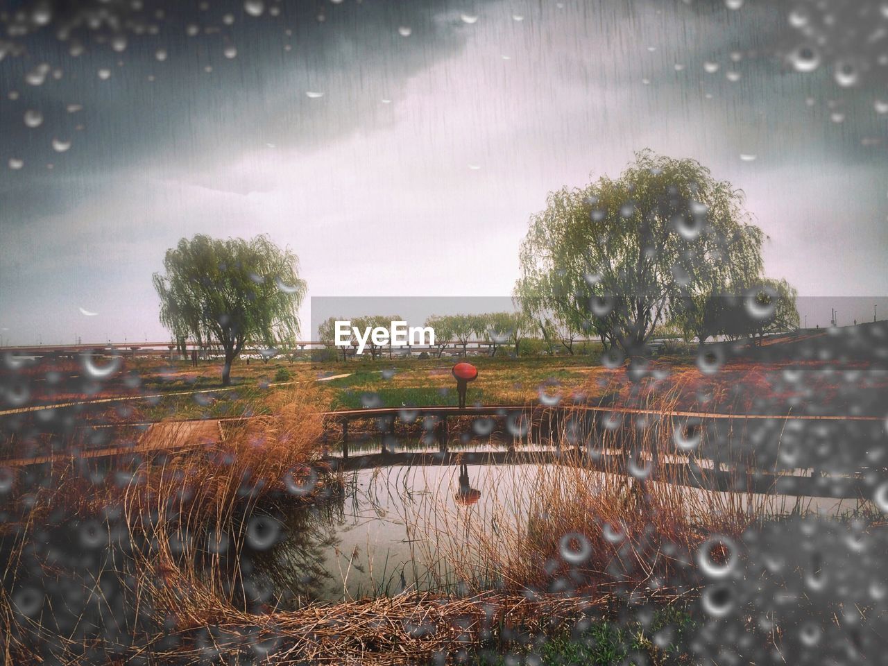 Close-up of waterdrops on glass against countryside lake